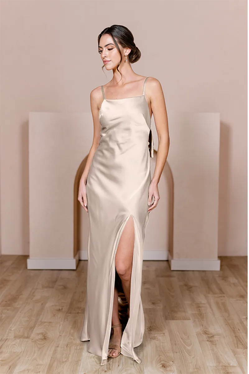 B4157 - Sqare Neck Spaghetti Straps Satin Sheath Bridesmaid Dress With Bow