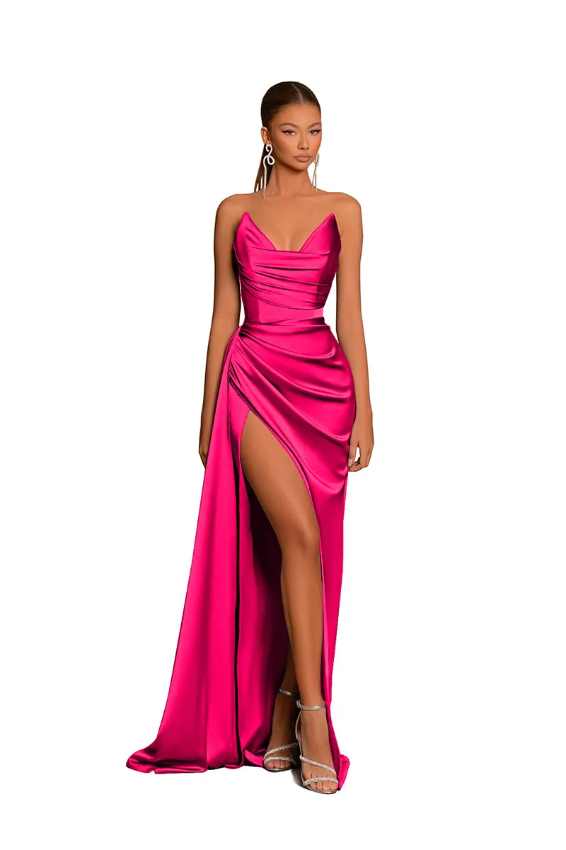 B4181 - V-Neck Strapless Ruched Satin Sheath Long Bridesmaid Dress With Slit