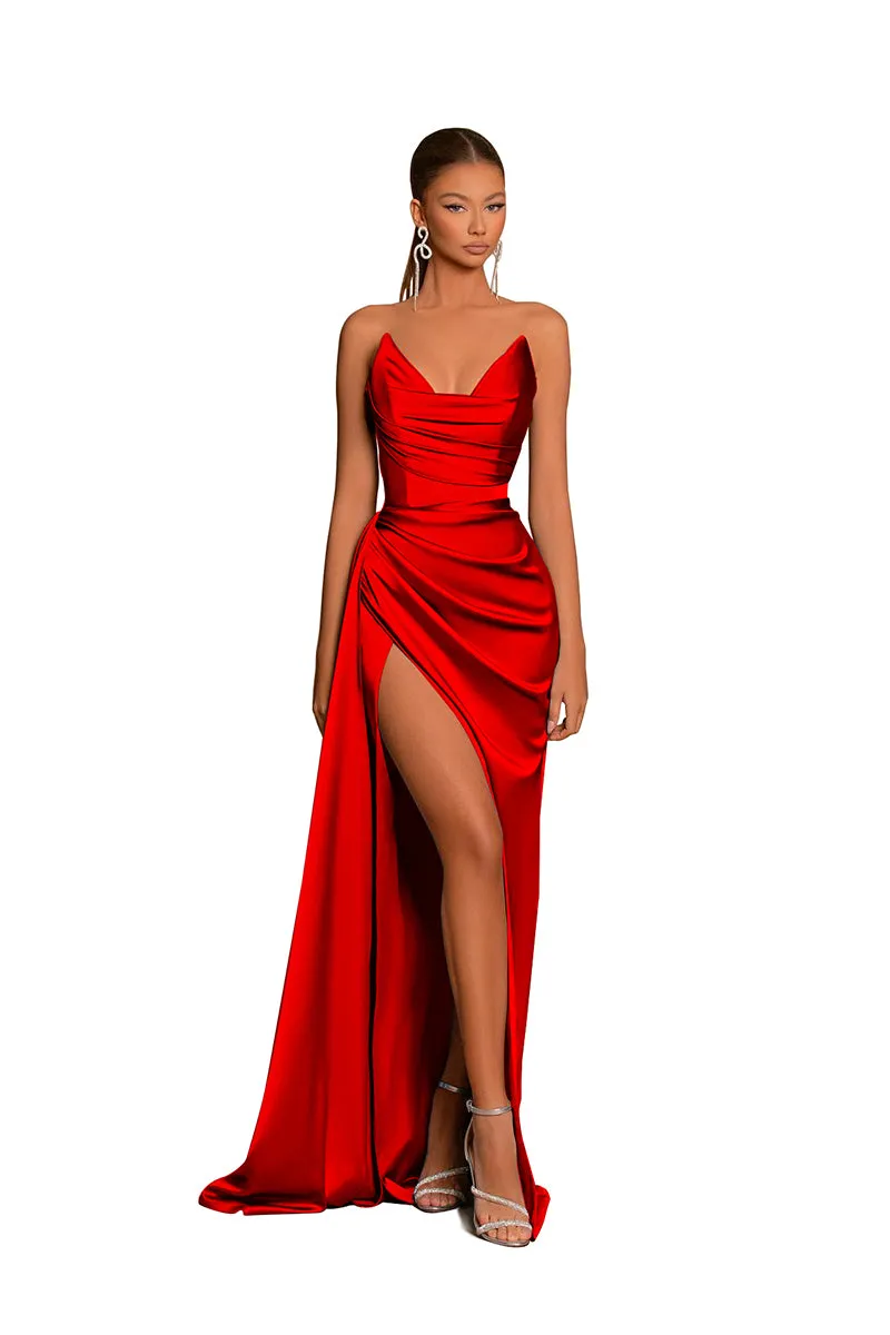 B4181 - V-Neck Strapless Ruched Satin Sheath Long Bridesmaid Dress With Slit