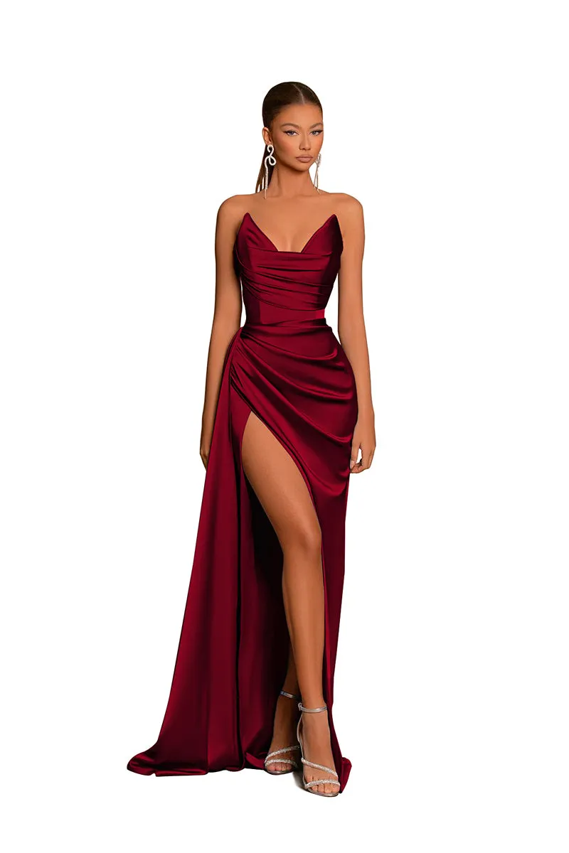 B4181 - V-Neck Strapless Ruched Satin Sheath Long Bridesmaid Dress With Slit