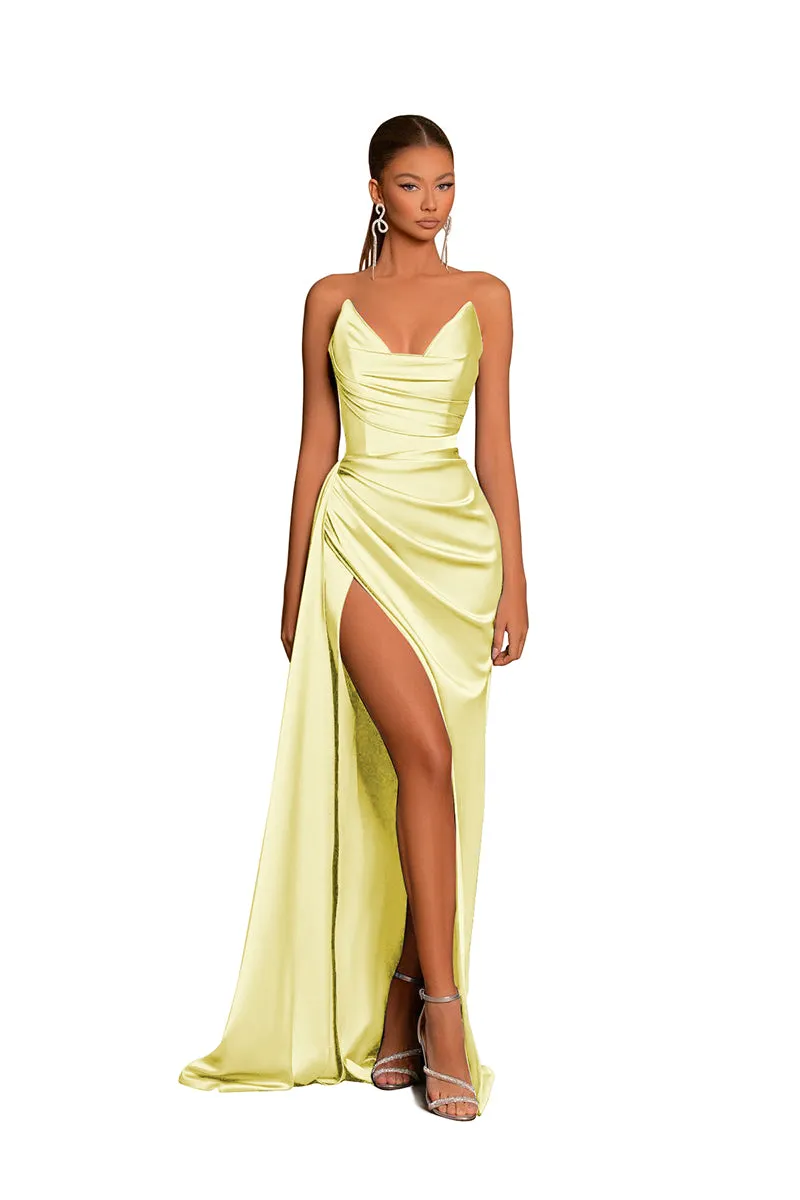 B4181 - V-Neck Strapless Ruched Satin Sheath Long Bridesmaid Dress With Slit