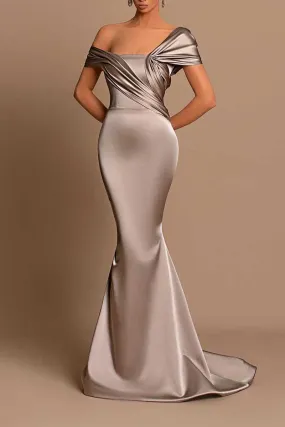 B4190 - Off-Shoulder Sleeveless Ruched Satin Sheath Long Bridesmaid Dress