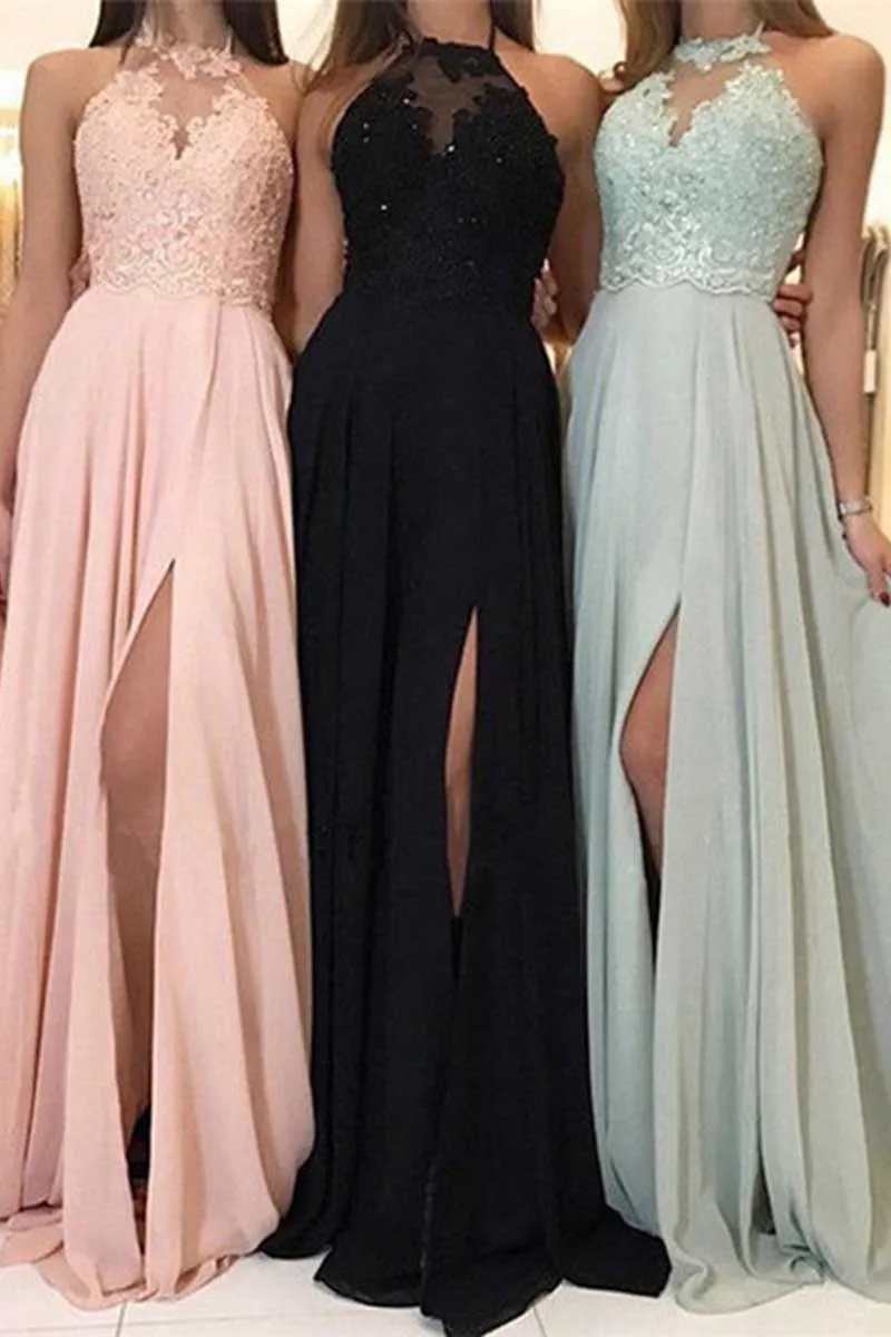 B4203 - Halter Sleeveless Lace Appliqued Satin A-Line Long Bridesmaid Dress