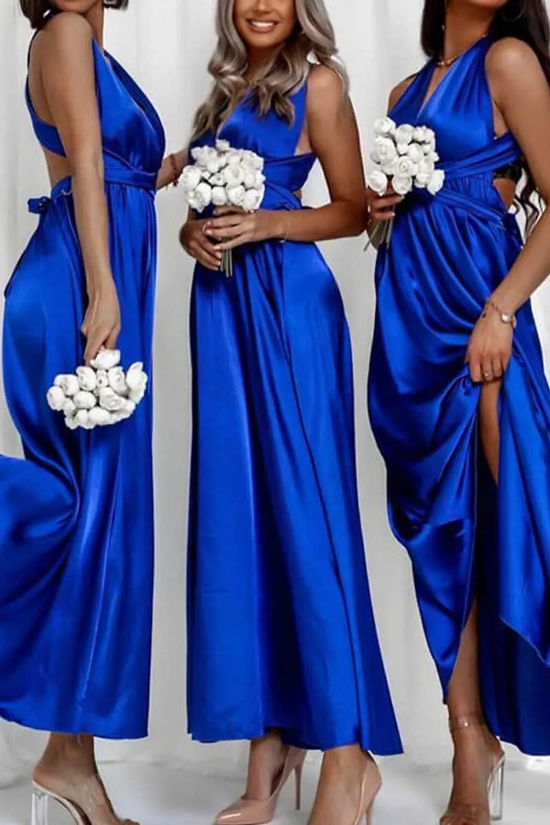 B4219 - V-Neck Sleeveless Ruched Satin A-Line Long Bridesmaid Dress