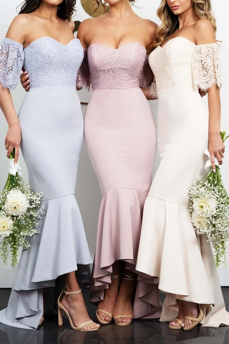 B4237 - Sweetheart Off-Shoulder Lace Satin Mermaid Midi Bridesmaid Dress