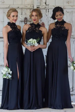 B4271 - Halter High Neck Sleeveless Lace Satin A-Line Long Bridesmaid Dress