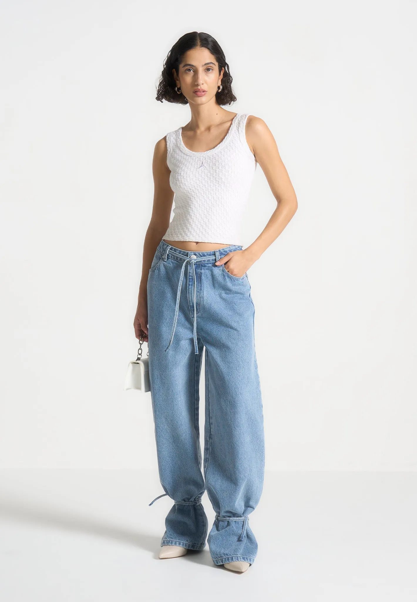 Baggy Mid Rise Jeans with Tie Waist - Mid Blue