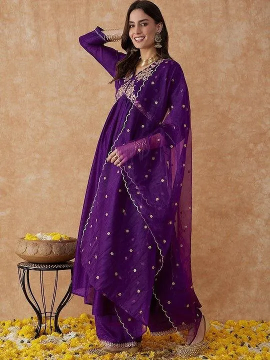 Beautiful Purple Party Wear 3 Piece Women Kurta Suit