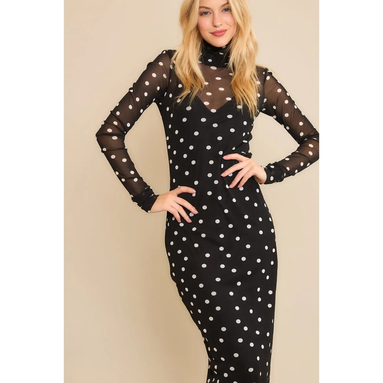 Black & White Polka Dot Mesh Mock Neck Dress