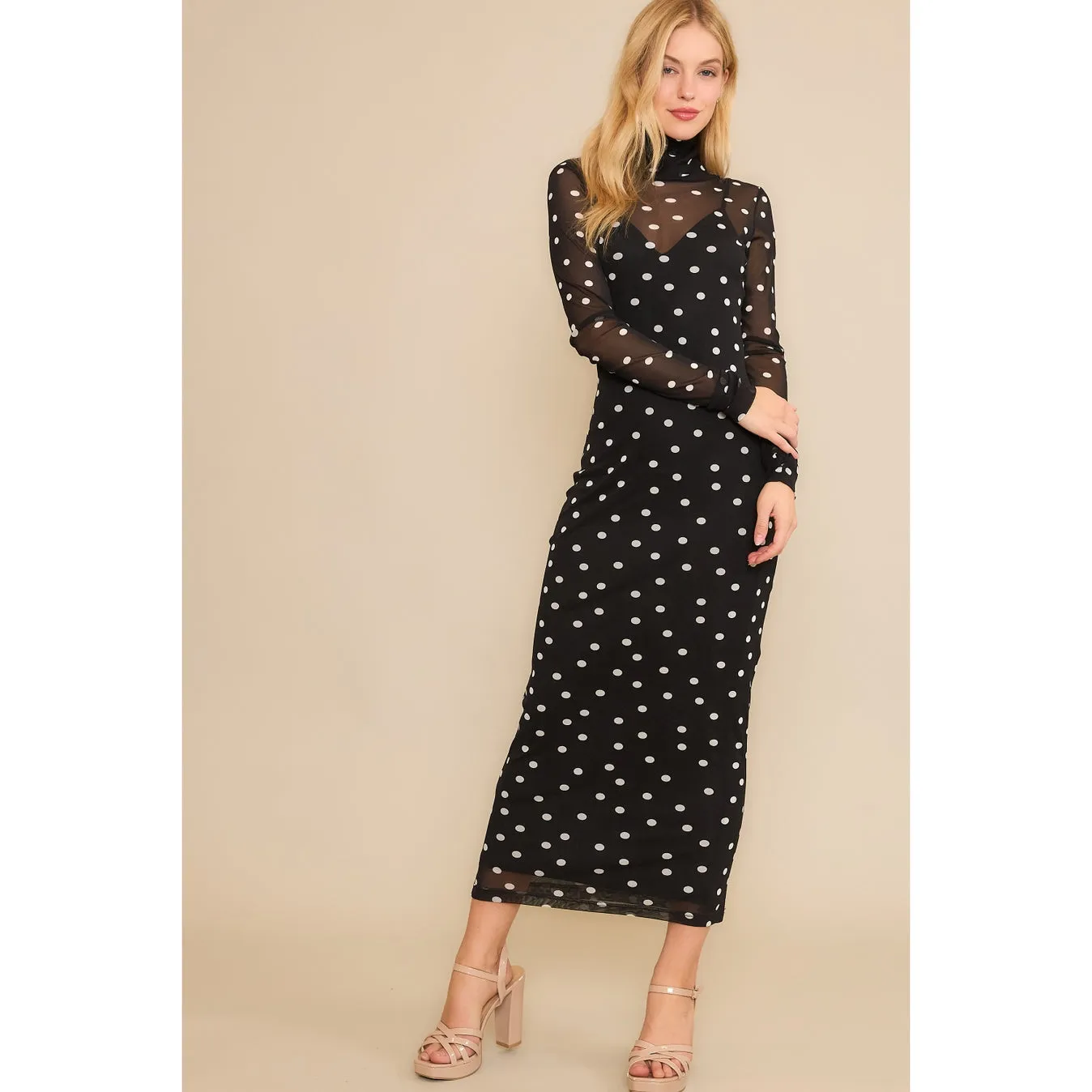 Black & White Polka Dot Mesh Mock Neck Dress