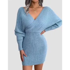 Blue Bodycon Sweater Dress V neck Batwing Sleeve Sexy Dress