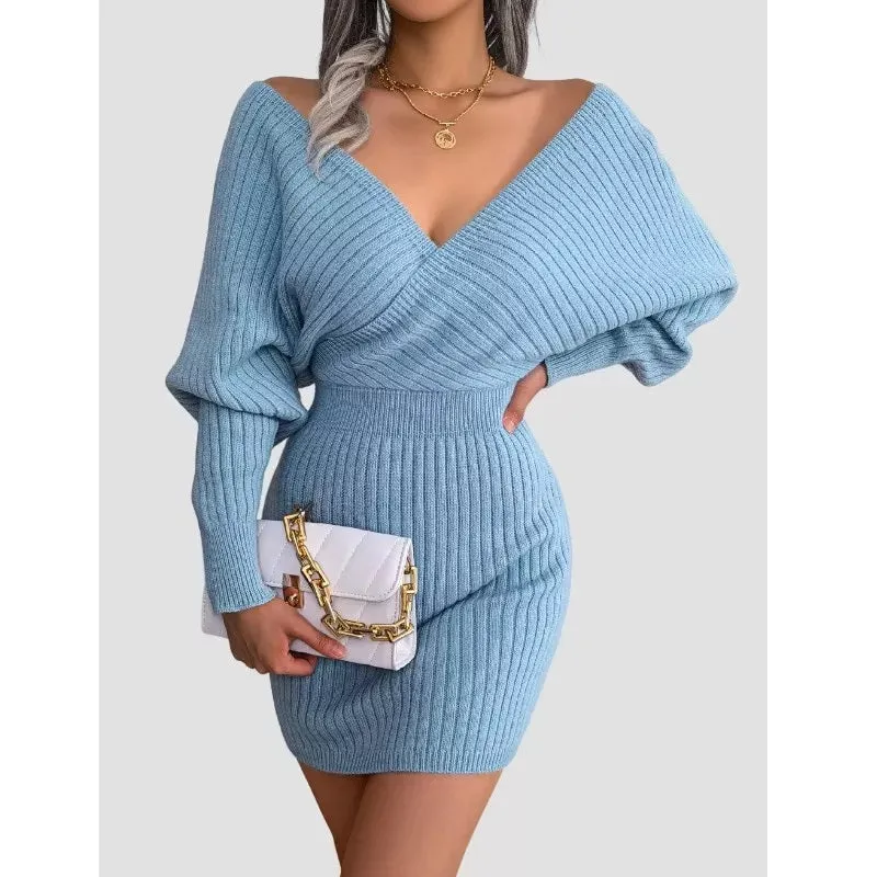 Blue Bodycon Sweater Dress V neck Batwing Sleeve Sexy Dress