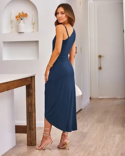 BTFBM Women Summer One Shoulder Dress 2023 Spaghetti Strap Sleeveless Ruched Wrap Slit Bodycon Party Casual Sundresses(Solid Dark Blue, Large)