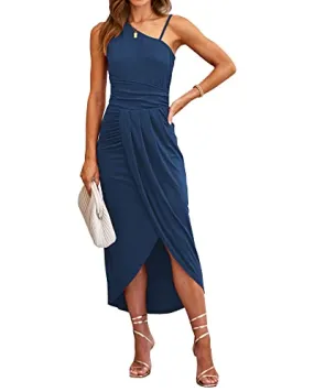 BTFBM Women Summer One Shoulder Dress 2023 Spaghetti Strap Sleeveless Ruched Wrap Slit Bodycon Party Casual Sundresses(Solid Dark Blue, Large)