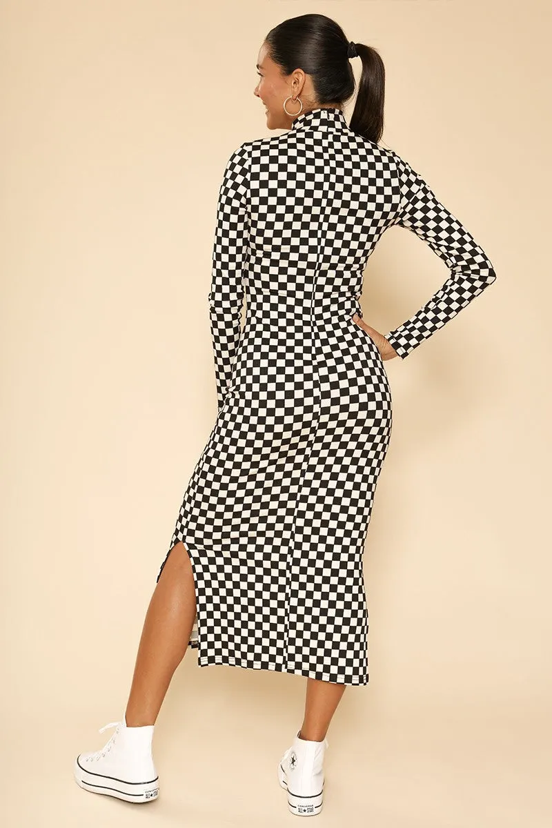 Checker Print Mock Neck Dress