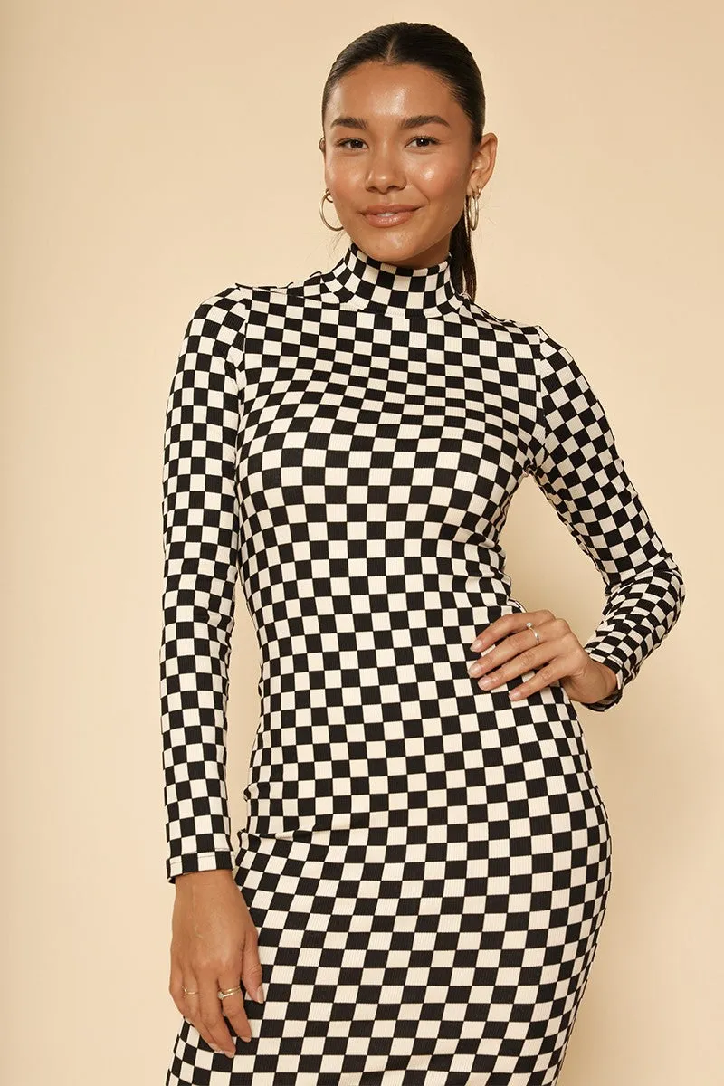 Checker Print Mock Neck Dress