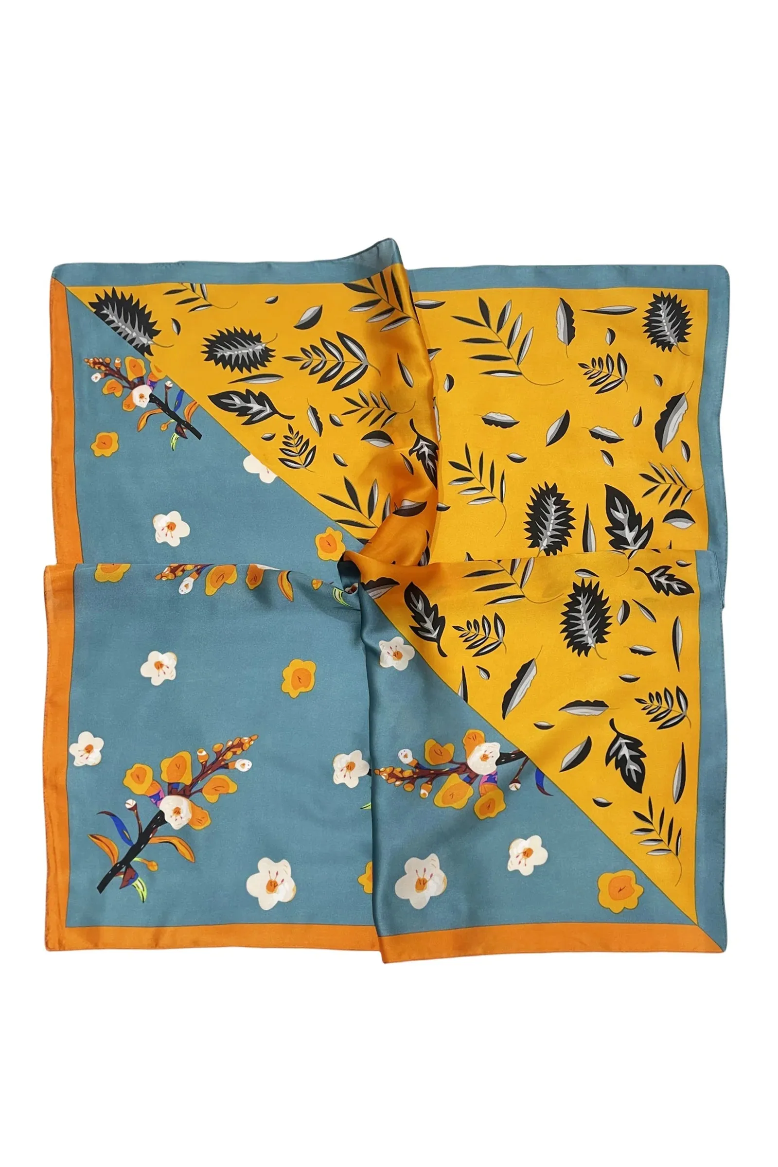 Contrast Flower & Leaf Print Square Scarf - Sky Blue / Mustard