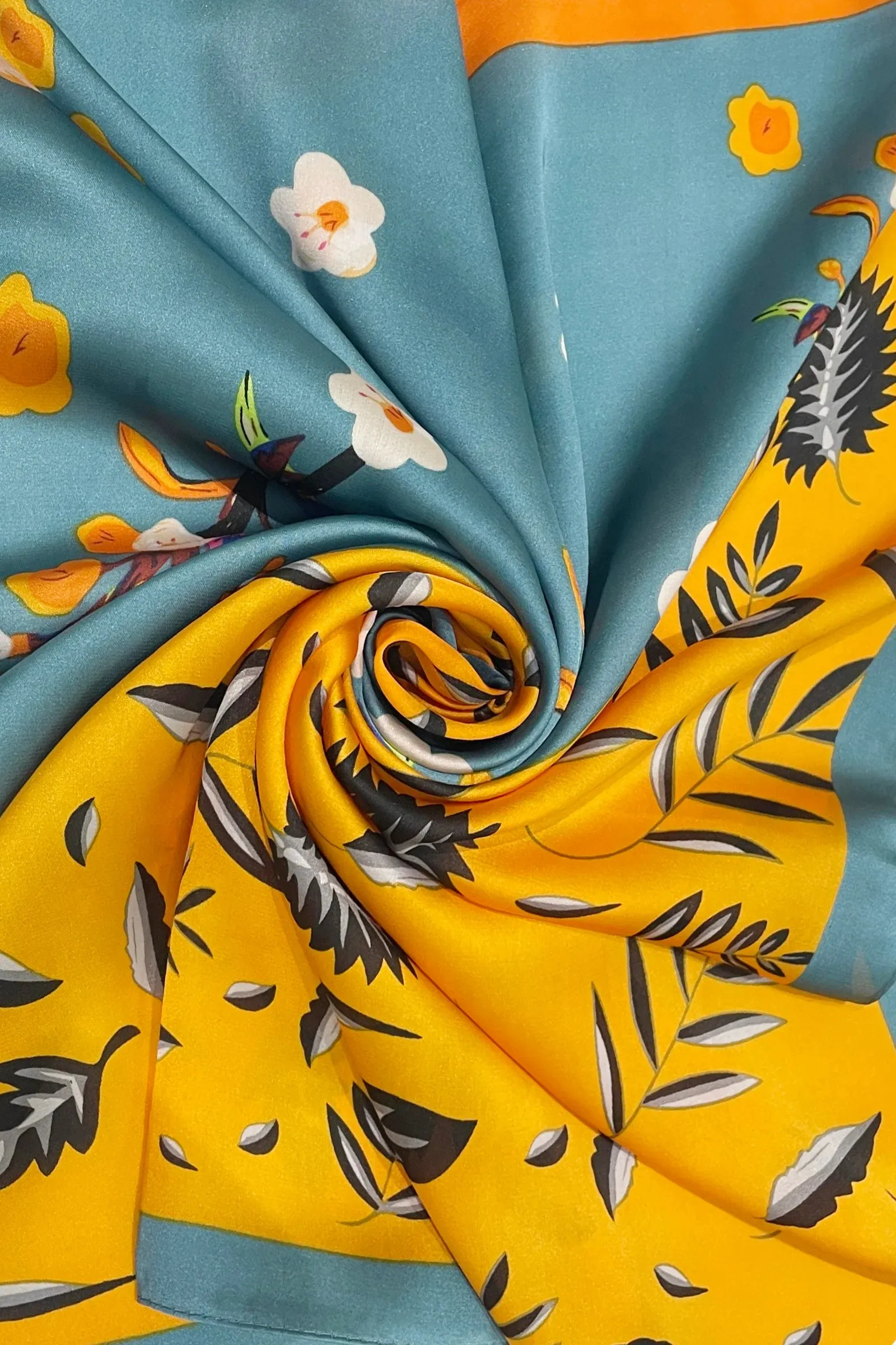 Contrast Flower & Leaf Print Square Scarf - Sky Blue / Mustard