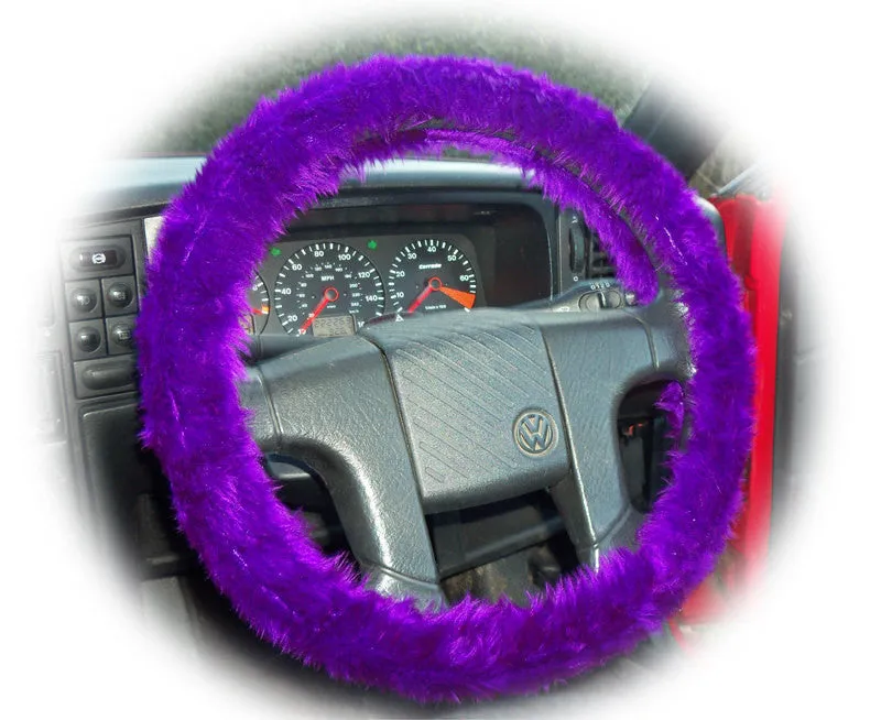 Dark Purple fuzzy steering wheel cover with cute matching rear view mirror cover