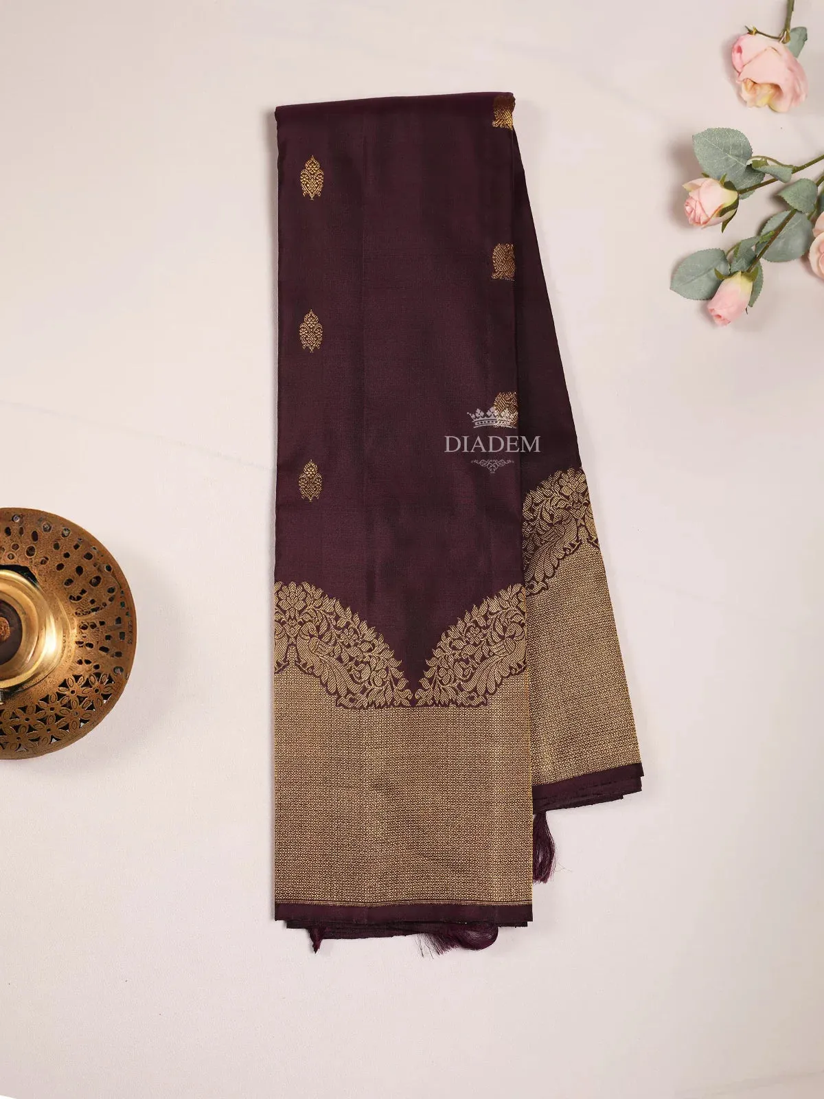 Dark Purple Pure Kanchipuram (Bridal) Silk Saree with Zari Butta on the body and Zari Border