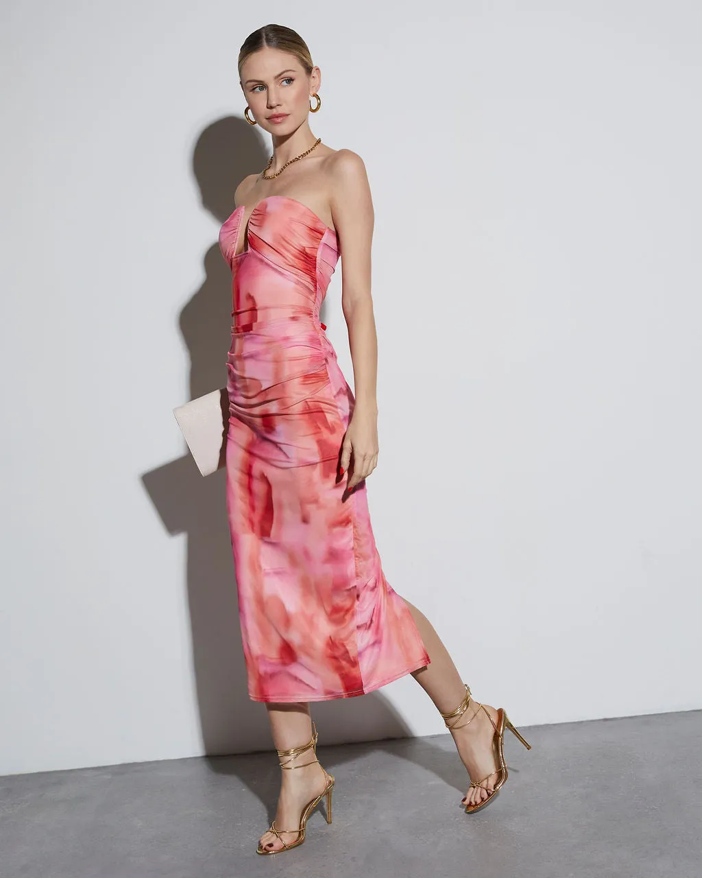 Delora Printed Mesh Strapless Midi Dress