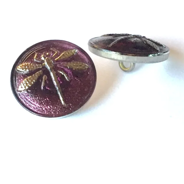 Dragonfly Button, Purple and Silver Czech Glass 11/16" / 18mm  #CZ 005-1