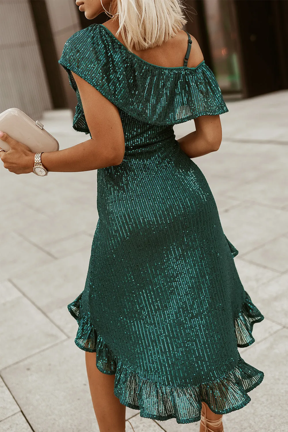 Emerald Asymmetric Sequin Party Dress