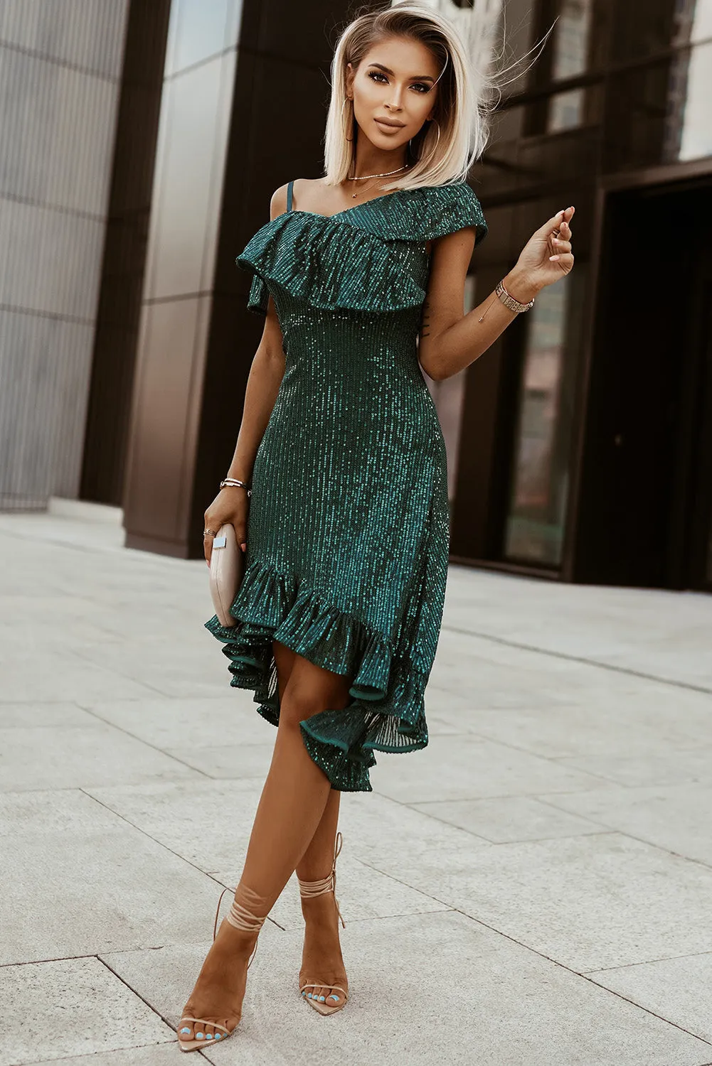 Emerald Asymmetric Sequin Party Dress