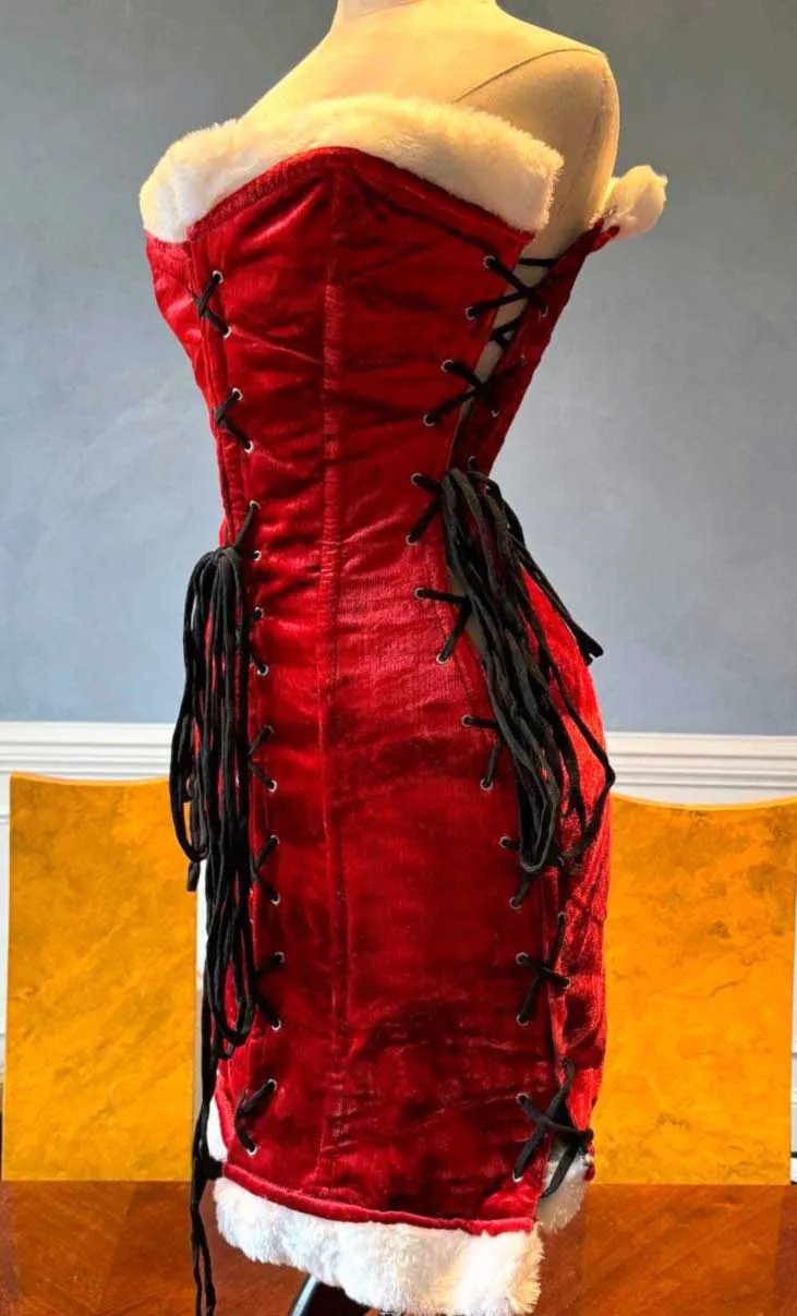 Exclusive Santa corset bodycon dress, red velvet Christmas corset dress with 4 laces