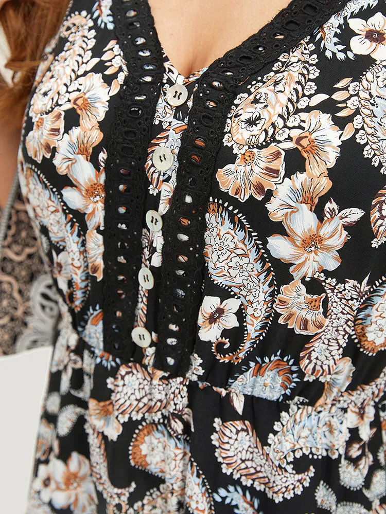 Floral & Paisley Print Elastic Waist Button Detail Dress