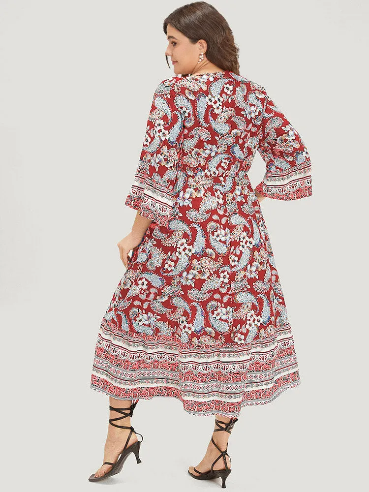 Floral & Paisley Print Elastic Waist Button Detail Dress