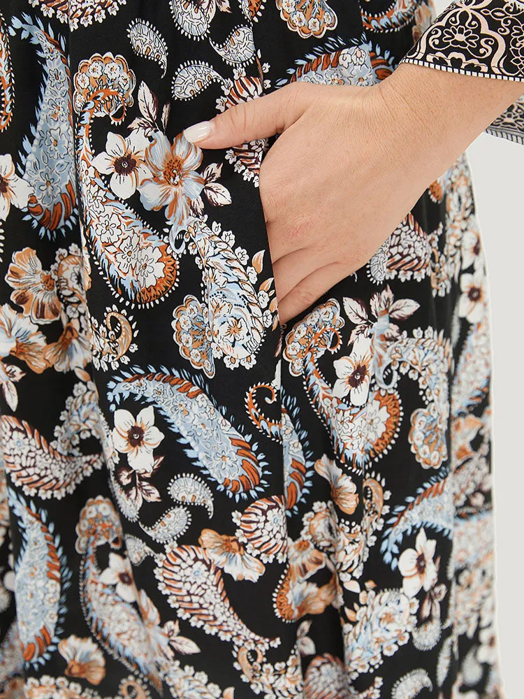 Floral & Paisley Print Elastic Waist Button Detail Dress