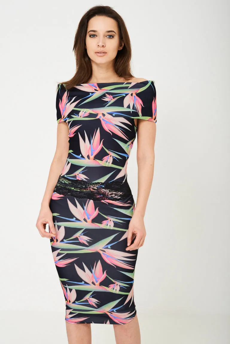 Floral Bodycon Dress with Bardot Neckline