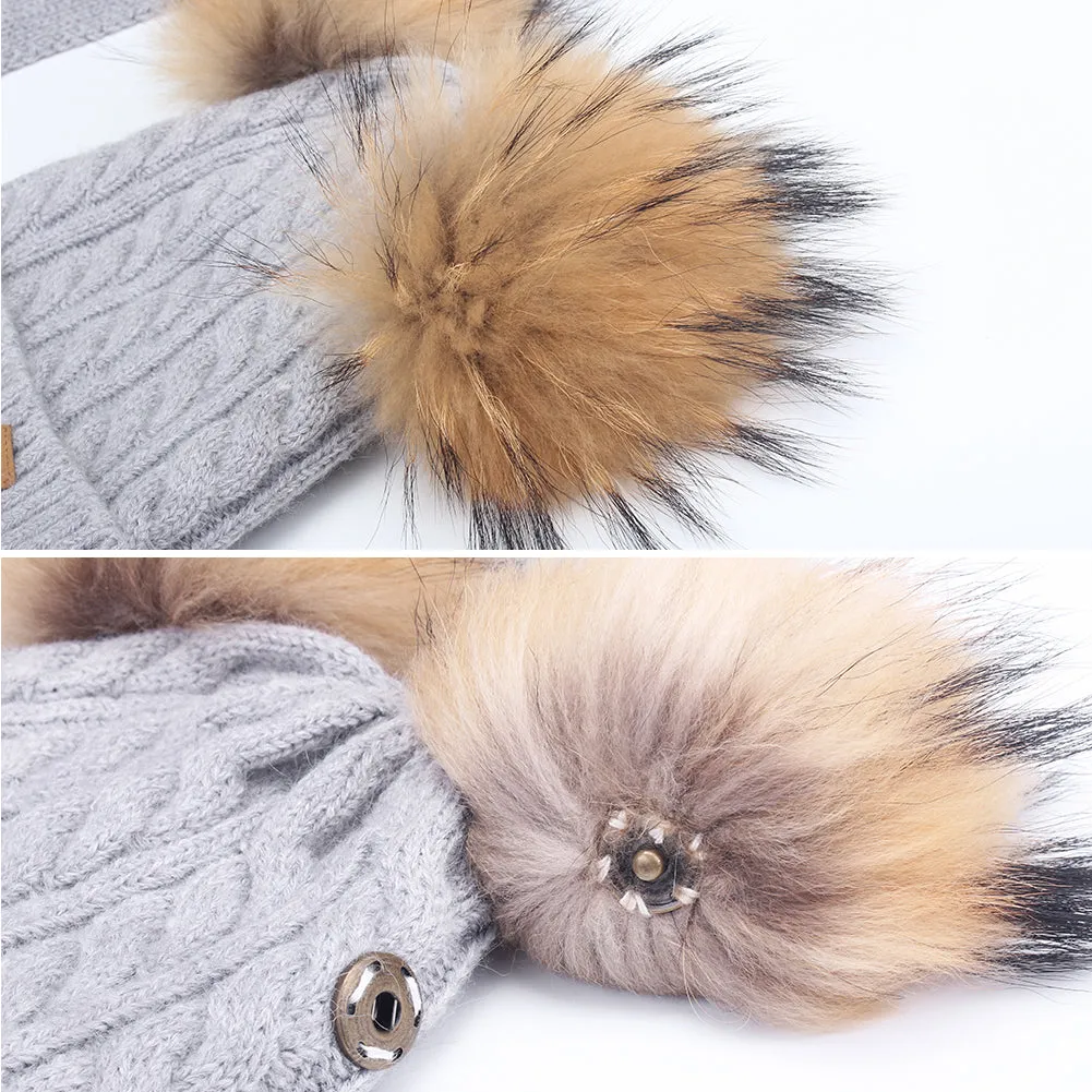 FURTALK Kids Winter Real  Fur Daul Bobble Hat Double Layer  Drop Shipping CH020