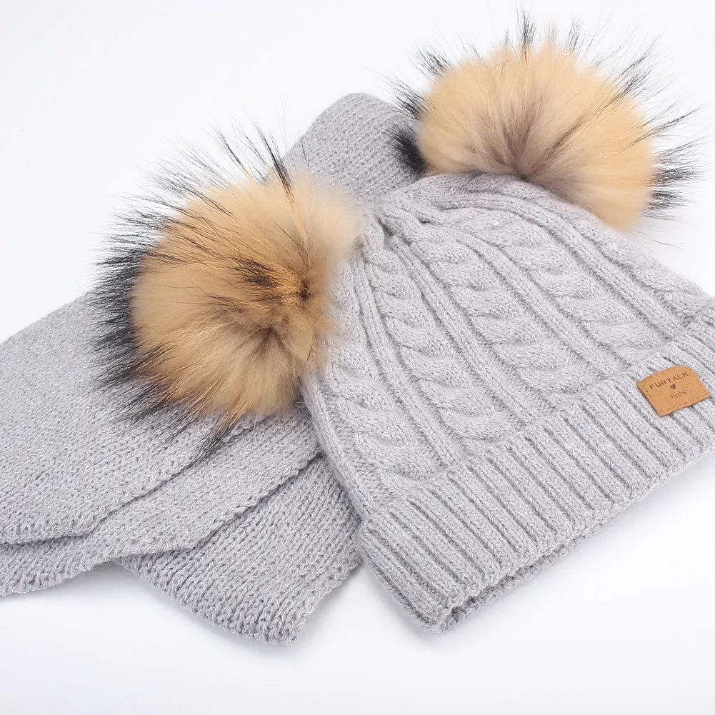 FURTALK Kids Winter Real  Fur Daul Bobble Hat Double Layer  Drop Shipping CH020