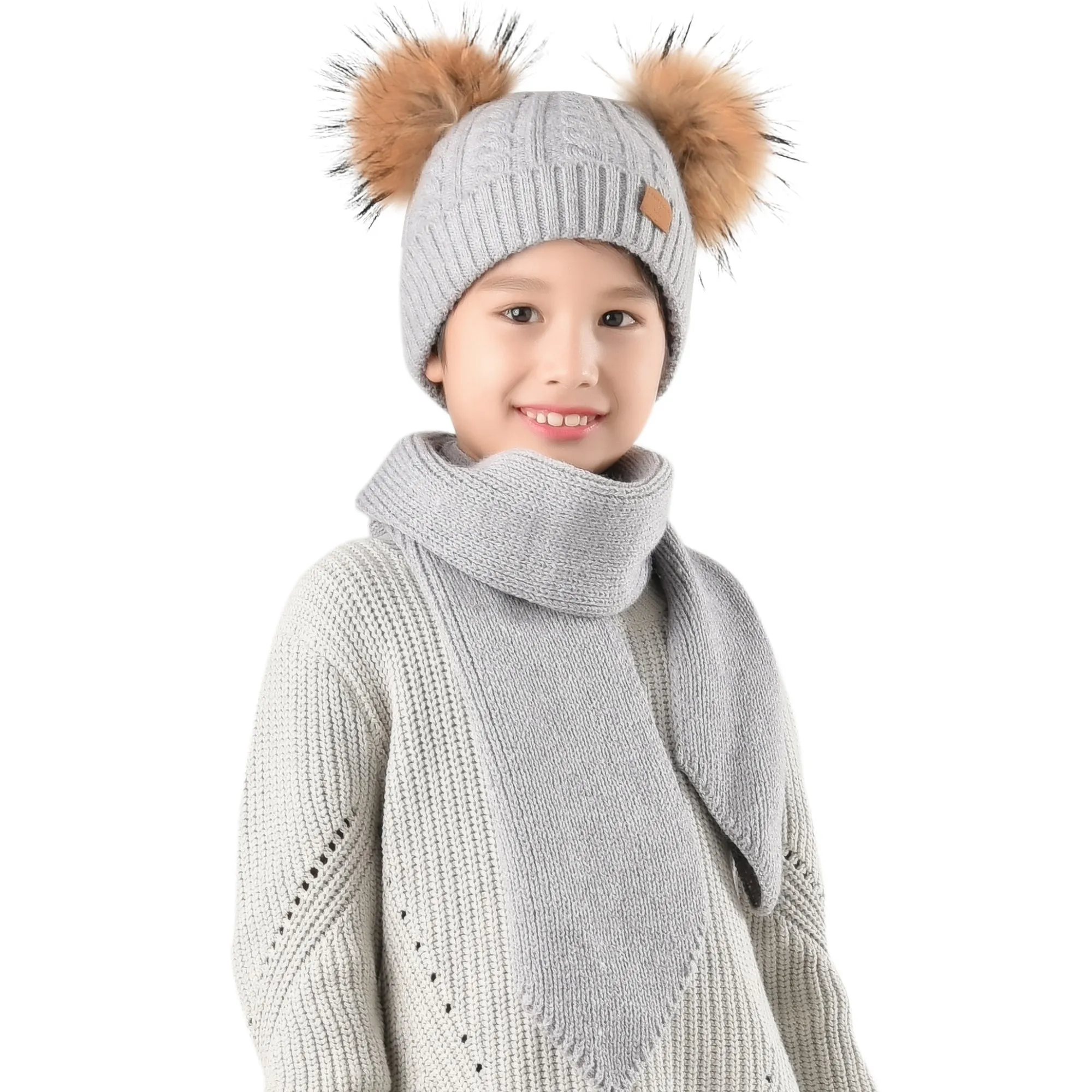 FURTALK Kids Winter Real  Fur Daul Bobble Hat Double Layer  Drop Shipping CH020