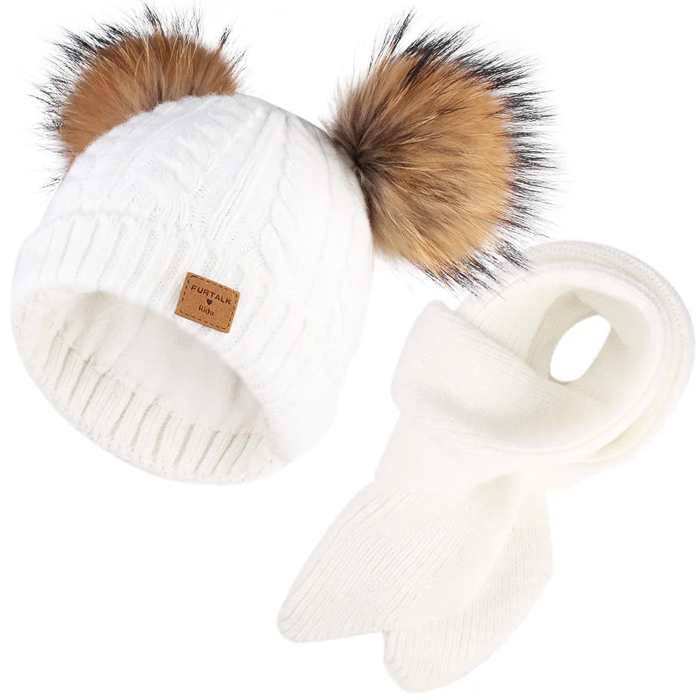 FURTALK Kids Winter Real  Fur Daul Bobble Hat Double Layer  Drop Shipping CH020