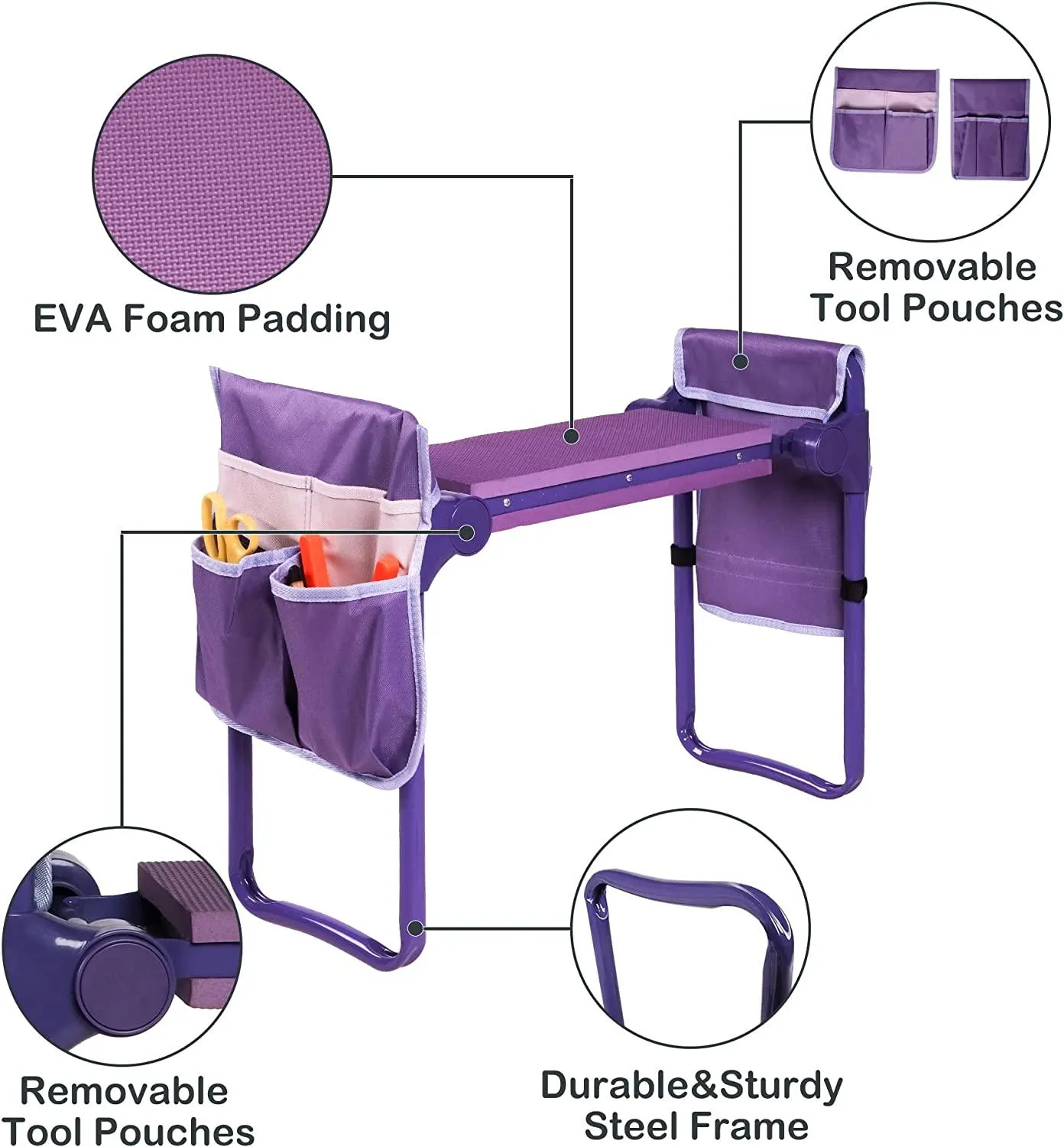 Garden Kneeler and Seat Upgraded Gardening Stool Bench with 2 Tool Pouches & EVA Foam Pad, Purple