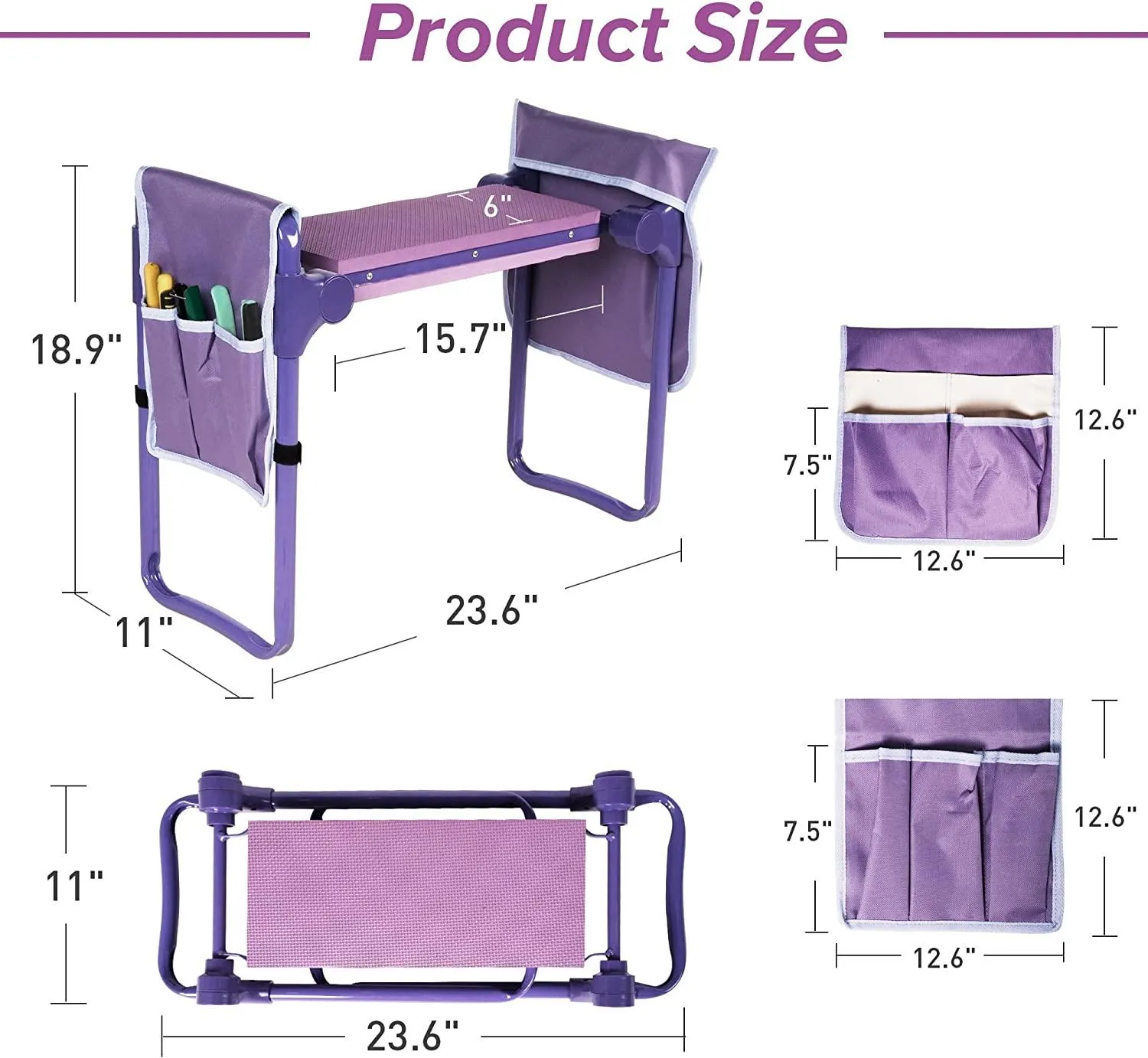 Garden Kneeler and Seat Upgraded Gardening Stool Bench with 2 Tool Pouches & EVA Foam Pad, Purple