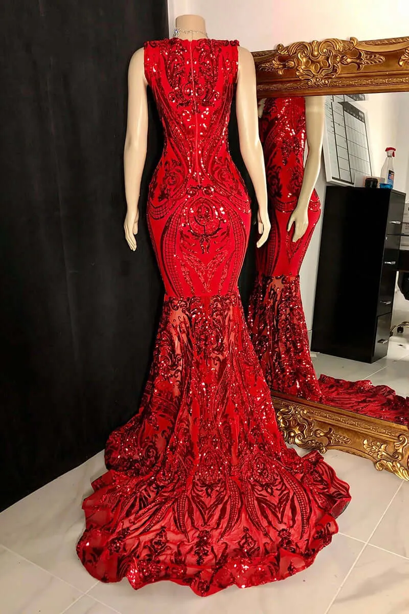 Glittery Long Red Mermaid Sleeveless Prom Dresses Sequin