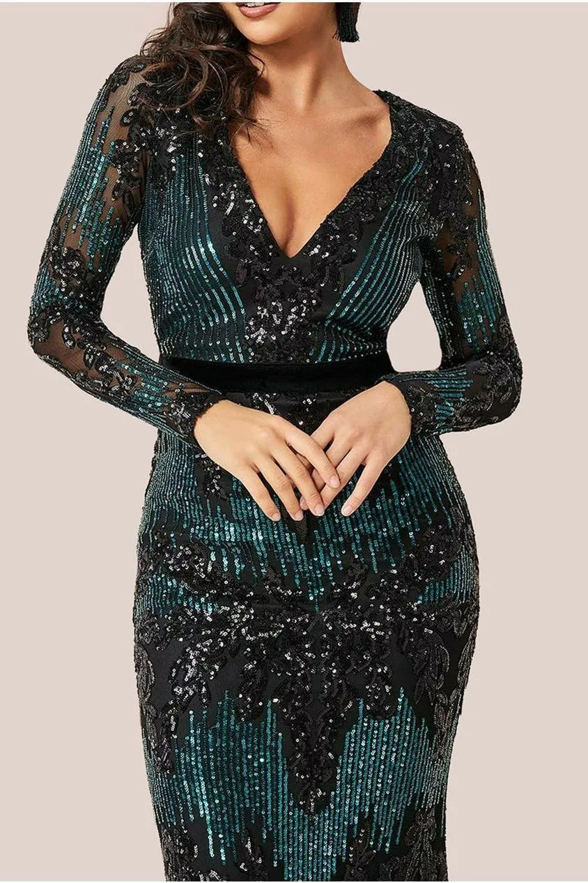 Goddiva Long Sleeve Sequin Evening Maxi Dress - Emerald