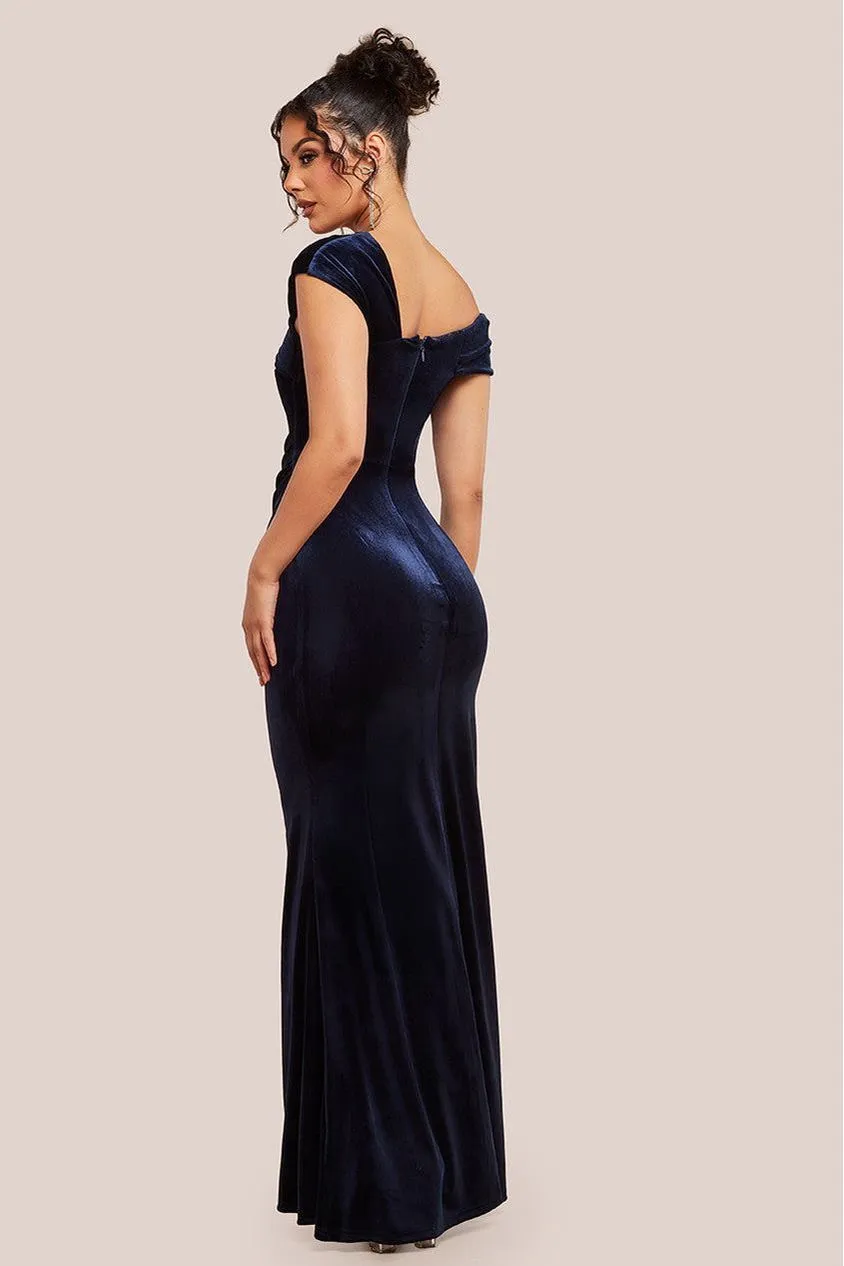 Goddiva One Shoulder Velvet Maxi Dress - Navy