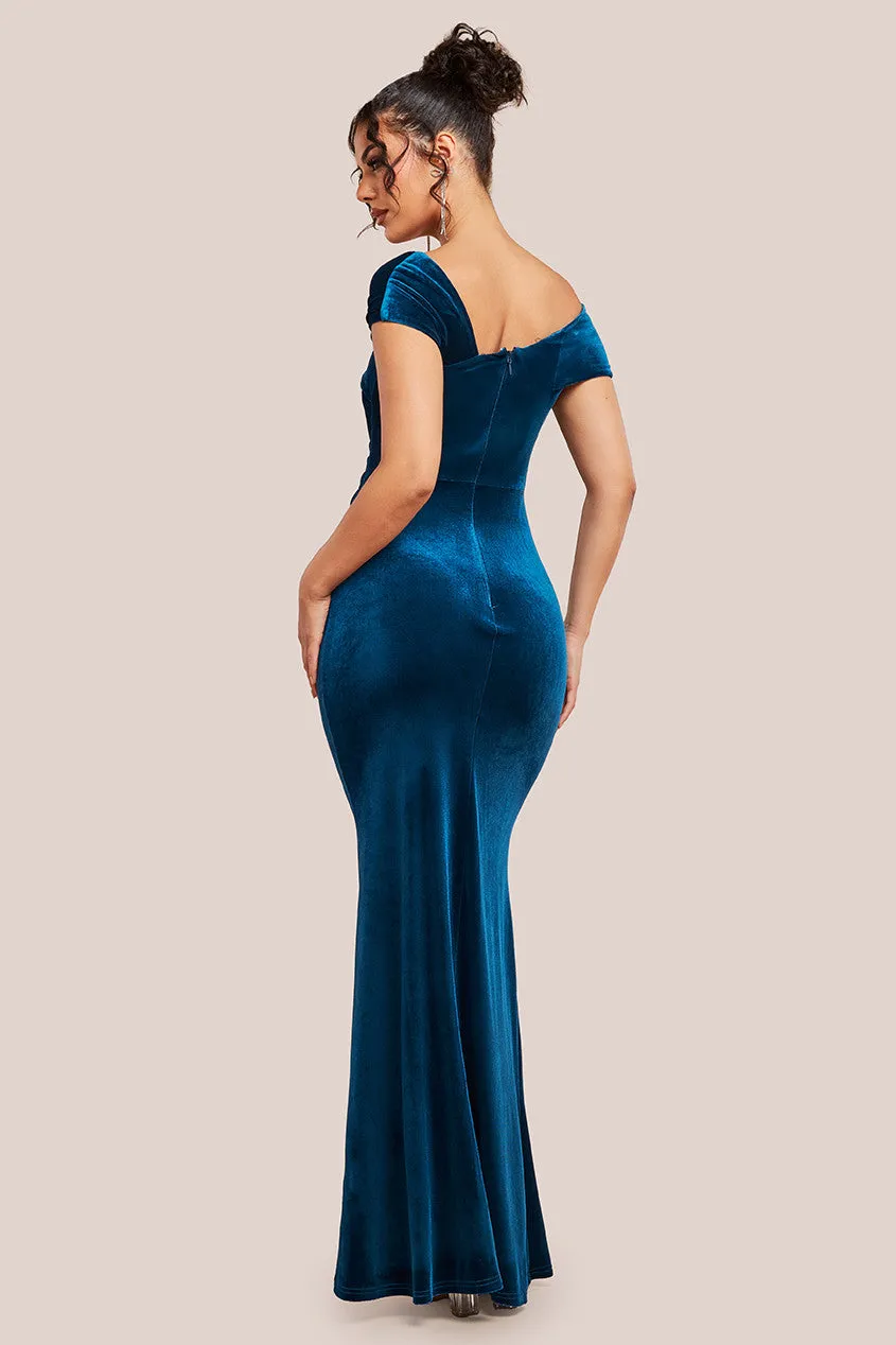 Goddiva One Shoulder Velvet Maxi Dress - Teal