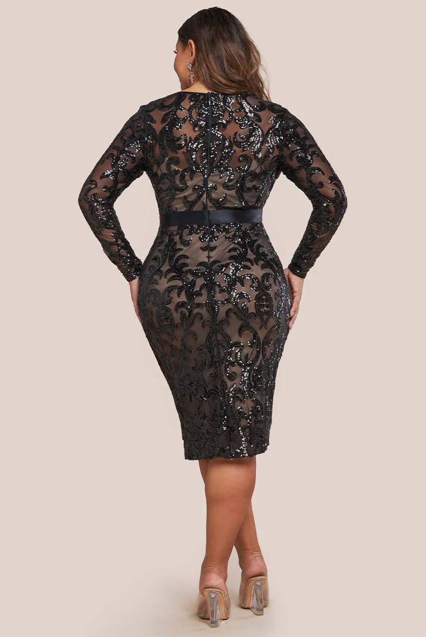 Goddiva Plus Sequin & Mesh Midi Dress - Black