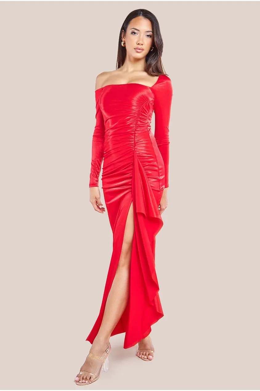 Goddiva Slinky Satin One Shoulder Split Maxi Dress - Red