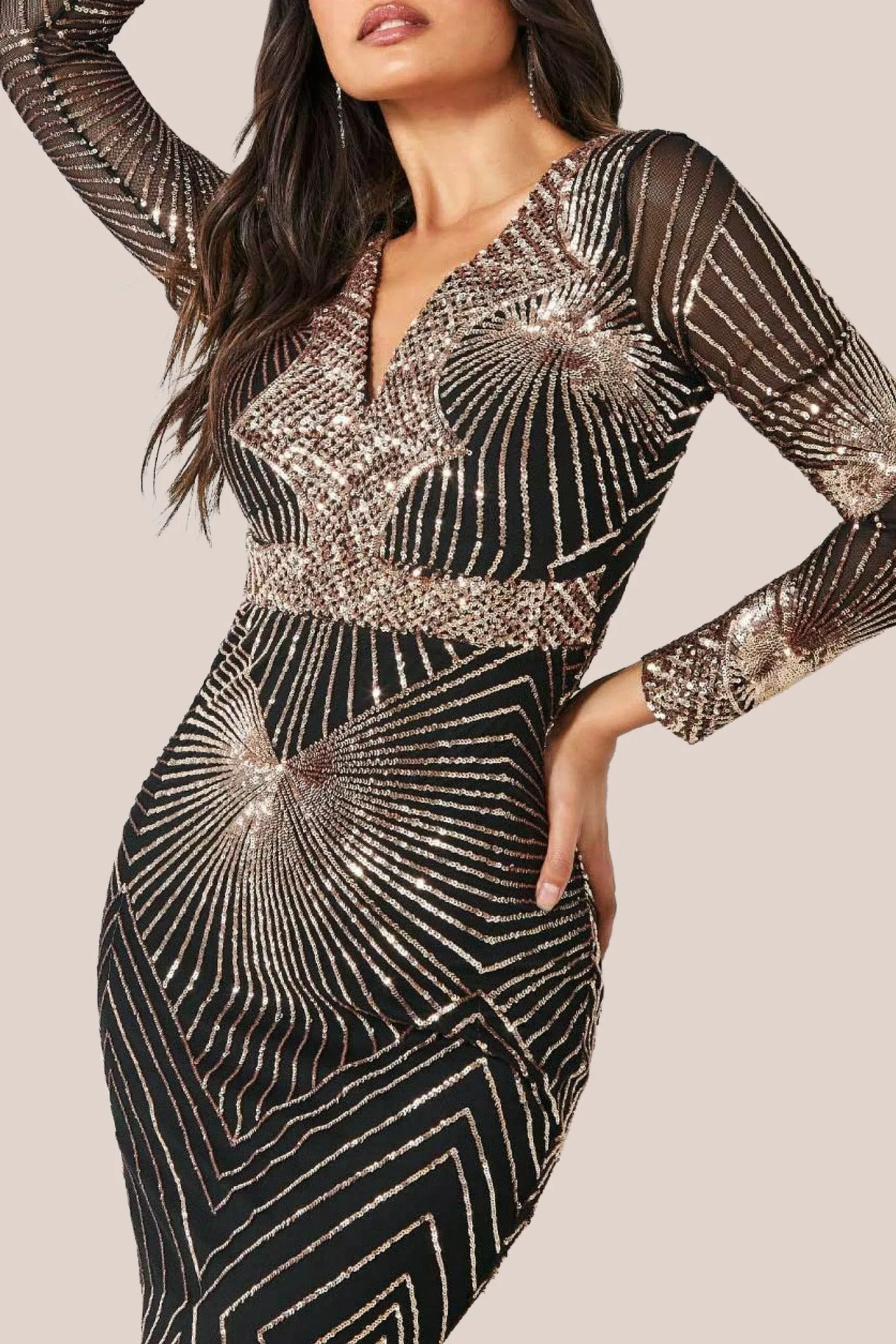 Goddiva Starburst Sequin Maxi Dress - Rosegold