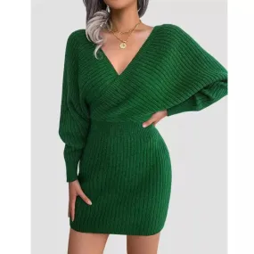 Green Bodycon Sweater Dress V neck Batwing Sleeve Sexy Dress