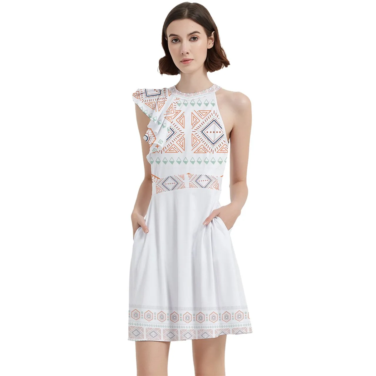 Halter Sleeveless Party Dress With Pockets - Egyptian White