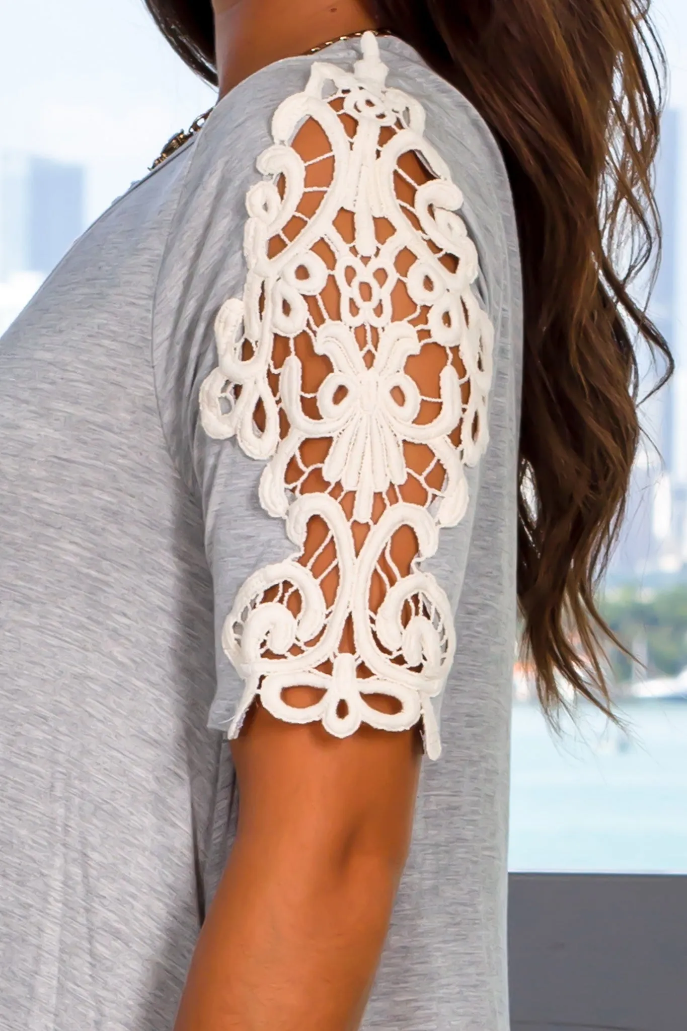 Heather Gray Short Dress with Crochet Sleeves