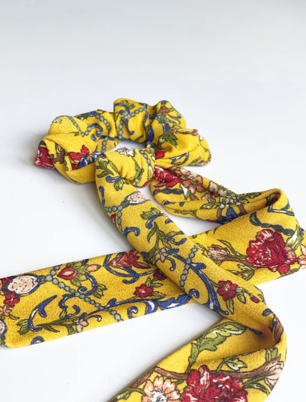 Honey Floral Medallion Scarf Scrunchie | Ponytail Scarf | Bow Scrunchie | Multi-Use | 3-in-1